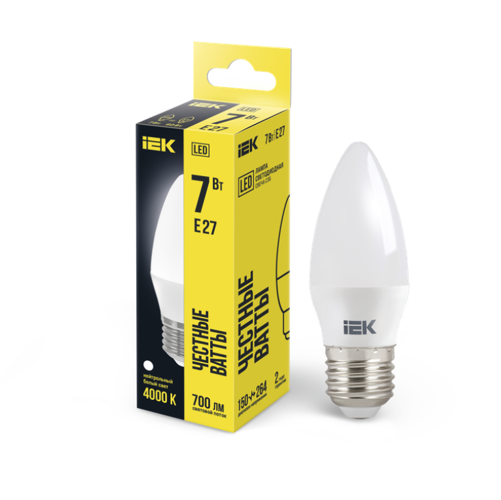 Лампа светодиодная LED 7Вт 4000К 700Лм С35 Е27 свеча, нейтральный белый ECO IEK