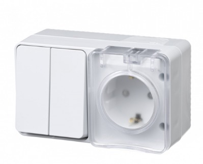 AtlasDesign Profi IP54 БЛОК: Розетка с заземлением со шторками 16А 250B, Выключатель 2кл. белый
