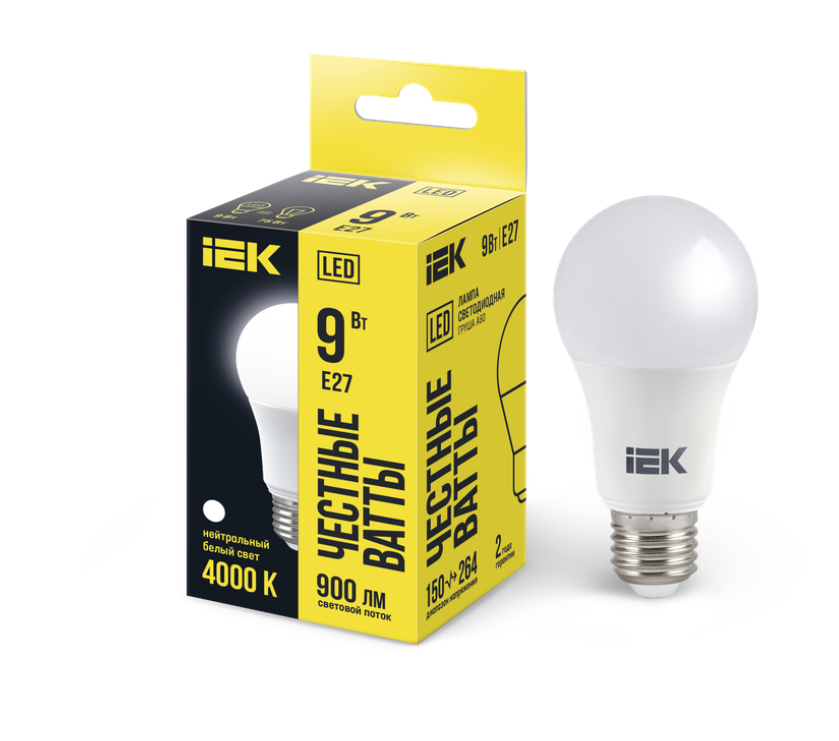Лампа светодиодная LED 9Вт 4000К 900Лм А60 Е27 груша, нейтральный белый ECO IEK