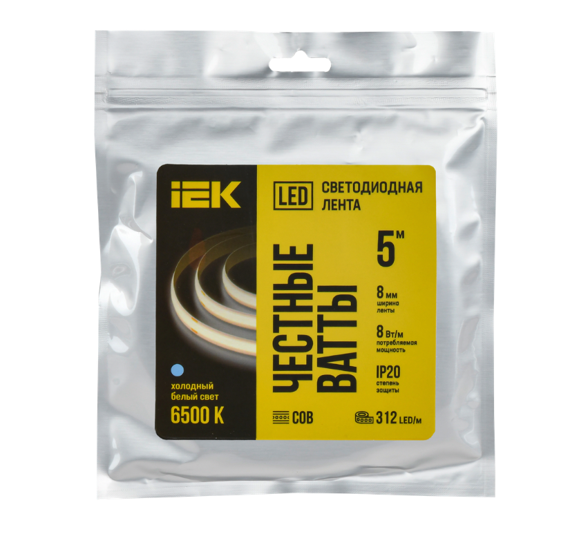 Лента LED 5м COB-312LED 8Вт/м IP20 8мм 24В 6500К IEK