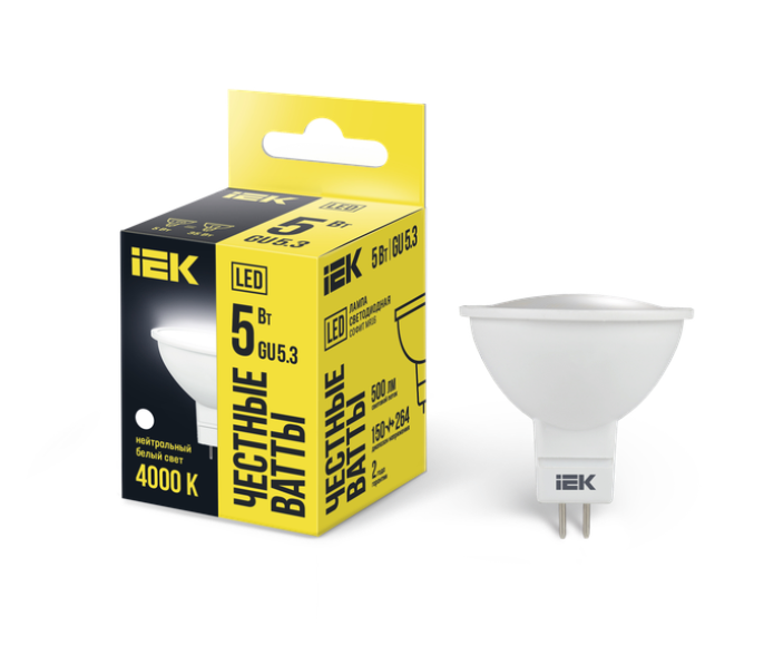 Лампа светодиодная LED MR16 5Вт 4000К 500Лм GU5.3 софит, нейтральный белый ECO IEK