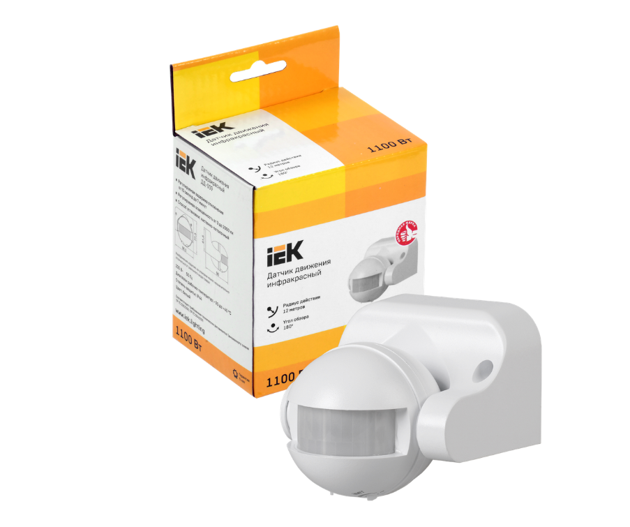 Датчик движения ДД-009 1100Вт 180° 12м IP44 белый IEK