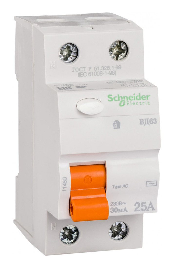 Выключатель дифференциального тока (УЗО) 2Р 25А 30мА ВД63 АС Домовой Schneider Electric